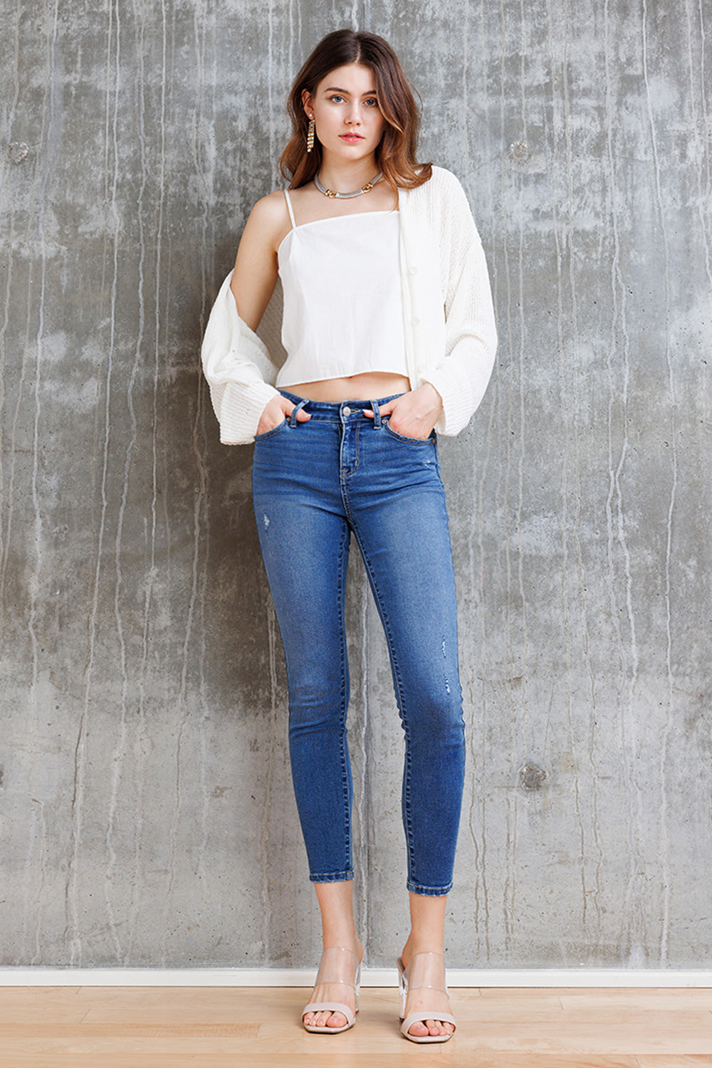 Mid Rise Destructed Ankle Skinny Jeans