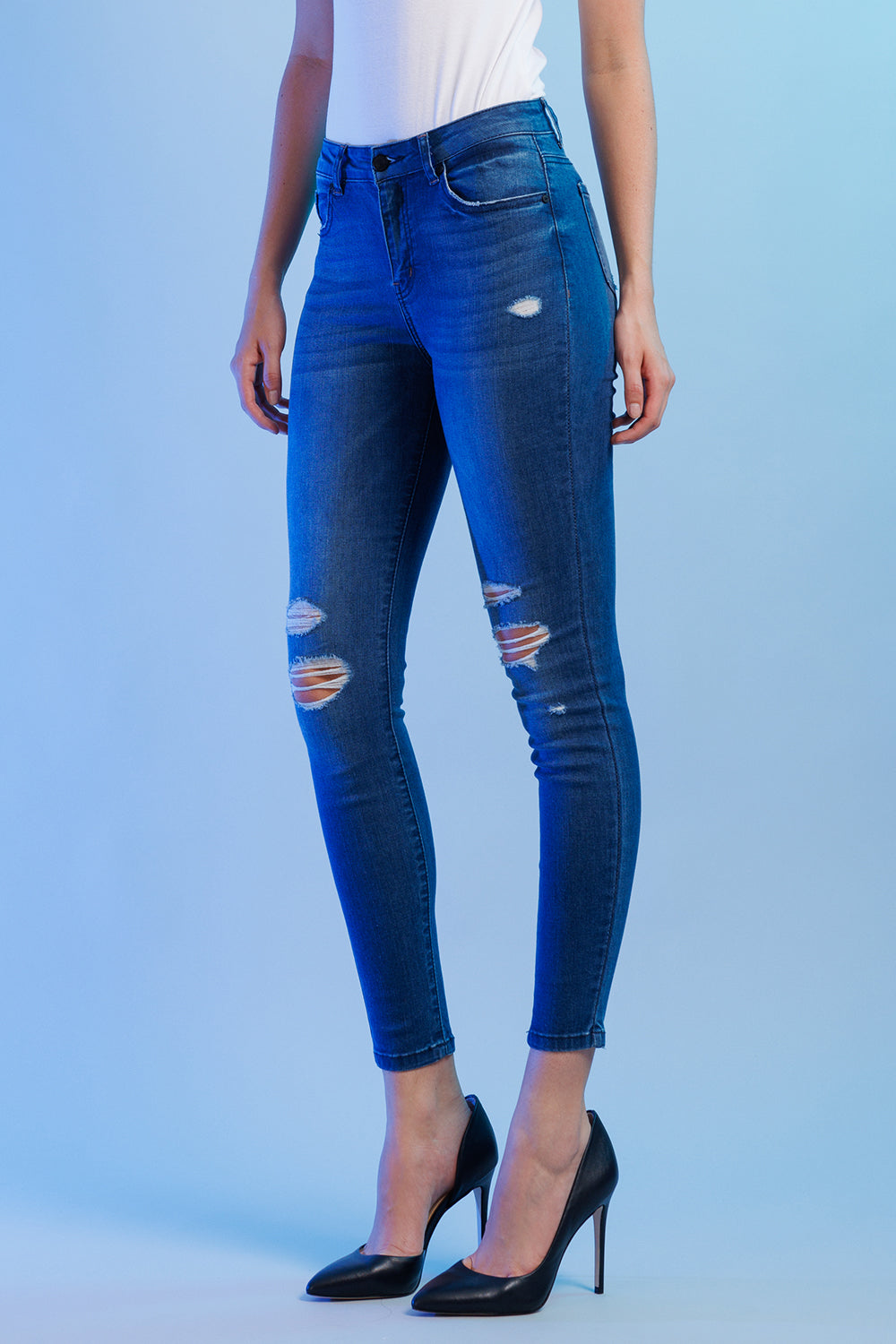 High Rise Destructed Skinny Jeans