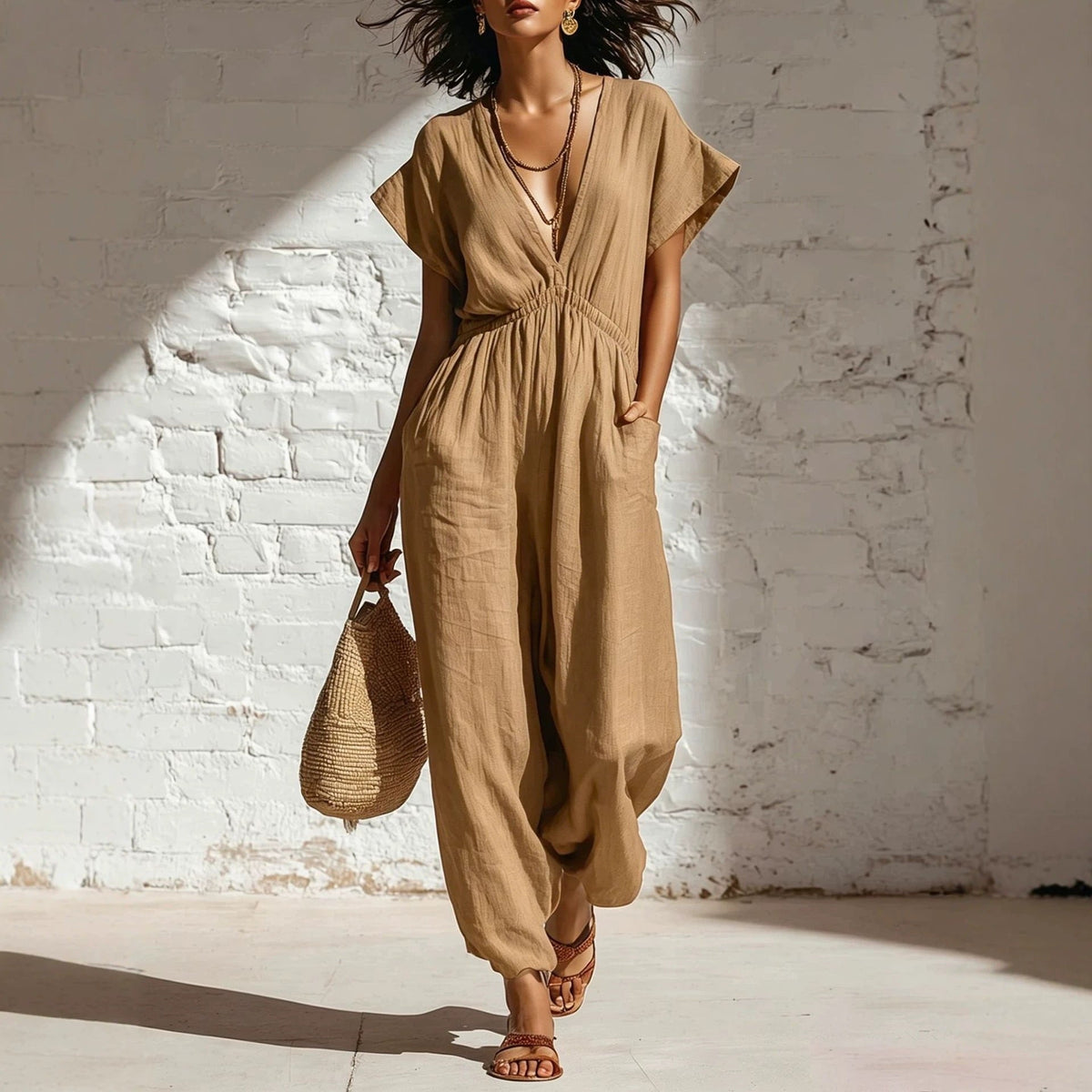 Women's Deep V-Neck Three-Quarter Sleeve High Waist Wide Leg Pants